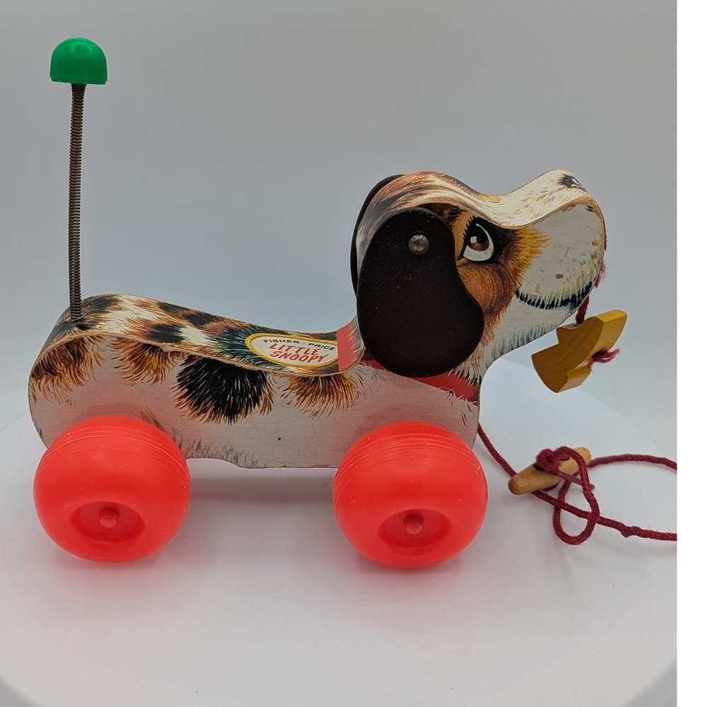 Vintage Fisher Price Little Snoopy Pull Toy 693 Wood Dog Red Wheels 1960s Works
